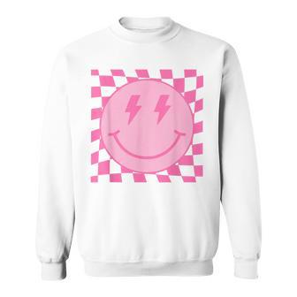 Retro Happy Face Pink Checkered Pattern Smile Face Trendy Sweatshirt - Thegiftio UK