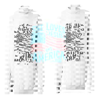 She Loves Jesus And America Too Usa Flag 4Th Of July Sweatshirt - Thegiftio