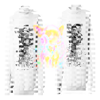 チワワの恋人 ポップアート ヘッドフォンを着て おもしろい チワワ 長袖tシャツ スウェットシャツ - Kawaiitshirt