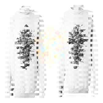 十字架 スピリチュアル キリスト 花 イエス 信仰 十字架 十字架 長袖tシャツ スウェットシャツ - Kawaiitshirt