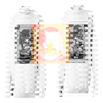 背中にラーメンを食べる緑色の目を持つ日本猫のデザイン。 スウェットシャツ - Kawaiitshirt