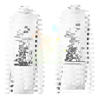 蝶のイースターとデイジーを保持している甘いウサギのウサギ 長袖tシャツ スウェットシャツ - Kawaiitshirt