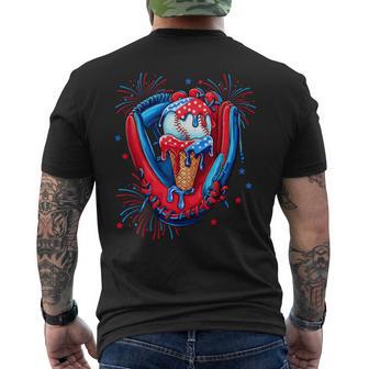 Baseball Glove Drip Ice Cream American Flag 4Th Of July Boys Men's T-shirt Back Print - Thegiftio UK