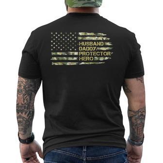 Camo American Flag Husband Daddy Protector Hero Fathers Day Men's T-shirt Back Print - Monsterry