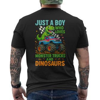 Just A Boy Who Loves Monster Trucks And Dinosaurs Cute T-Rex Men's T-shirt Back Print - Thegiftio UK