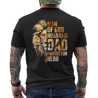 Man Of God Husband Dad Protector Hero Lion Father's Day Men's T-shirt Back Print - Thegiftio UK