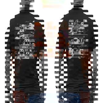 Retro Ghosts Reading Book Halloween Bookshelf Spooky Library Men's T-shirt Back Print - Monsterry