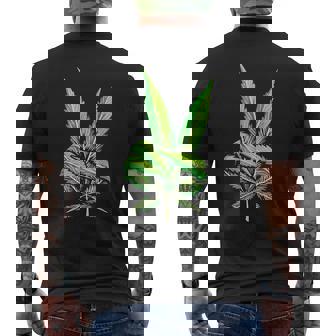 Weed Leaf Marijuana Leaf Hand Peace Sign Hand 420 Cannabis Men's T-shirt Back Print - Monsterry