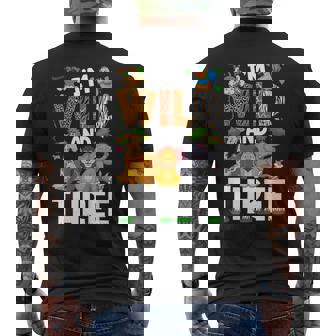 Wild And Three 3 Year Old 3Rd Birthday Safari Jungle Animal Men's T-shirt Back Print - Thegiftio