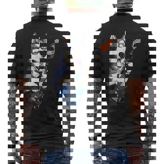 エレキギターを弾く面白いシベリアンハスキー犬ミュージシャン メンズTシャツ バックプリント - Kawaiitshirt