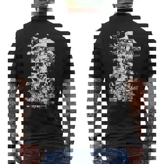 キノコや花があしらわれた骸骨の幻覚的なイラスト メンズTシャツ バックプリント - Kawaiitshirt
