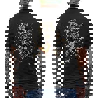 ギターを弾くロックキャット 面白いギター猫 メンズTシャツ バックプリント - Kawaiitshirt