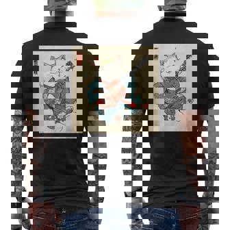 ギター奏でる猫 着物姿 ヴィンテージ 日本美術 面白い メンズTシャツ バックプリント - Kawaiitshirt