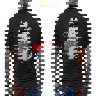 ネコとドラム 猫とサングラス ネコ好き 猫飼い 愛猫家 ドラム ドラムセット バンド ジャズ音楽 ねこ ネコ 猫 メンズTシャツ バックプリント - Kawaiitshirt