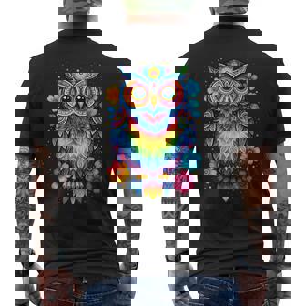 フクロウと花 カラフルなアートワーク フクロウの恋人 メンズTシャツ バックプリント - Kawaiitshirt
