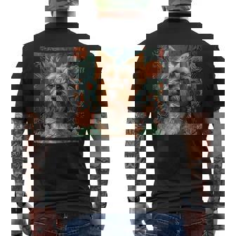 ヨークシャーテリア、ボーホースタイルのグラフィックの周りに多肉植物が描かれています。 メンズTシャツ バックプリント - Kawaiitshirt