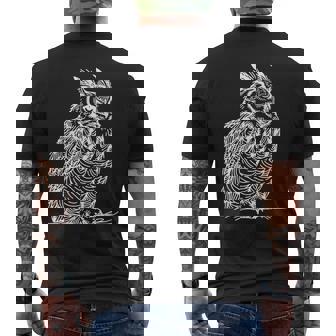 ラインアート 鳥・鳥類学者 オオツノフクロウ メンズTシャツ バックプリント - Kawaiitshirt