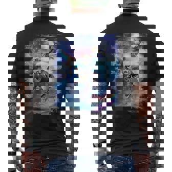 レインボーギャラクシー 宇宙に乗るサメに乗る猫 メンズTシャツ バックプリント - Kawaiitshirt