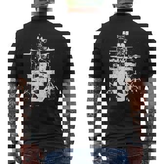 ロックスター ドラマー 猫 ドラム演奏 ミュージシャン バンド 音楽好き メンズTシャツ バックプリント - Kawaiitshirt