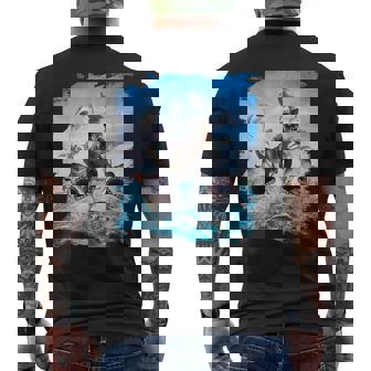 恐竜乗馬サメ ビーチオーシャンサメ サングラス 面白い メンズTシャツ バックプリント - Kawaiitshirt