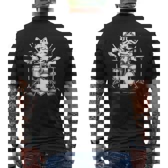 猫がドラムを弾く 面白いロックミュージックドラム 猫 メンズTシャツ バックプリント - Kawaiitshirt