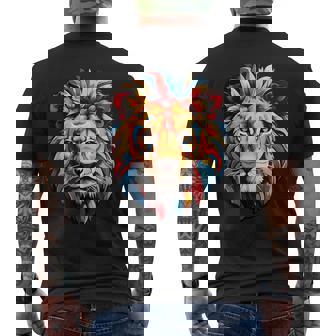 雄大なライオンヘッド 赤、黄、青の芸術的なたてがみ メンズTシャツ バックプリント - Kawaiitshirt