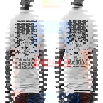 America Est 1776 Western Cow Skull Retro 4Th Of July Men's T-shirt Back Print | Mazezy