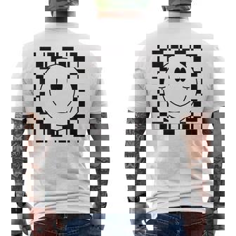 イエロー スマイル フェイスシャツ かわいい チェック柄 スマイル ハッピー メンズTシャツ バックプリント - Kawaiitshirt