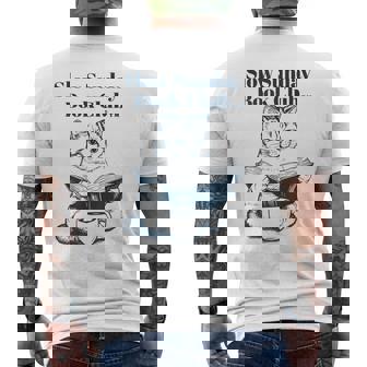スローサンデーブッククラブ 本好きの猫 メンズTシャツ バックプリント - Kawaiitshirt