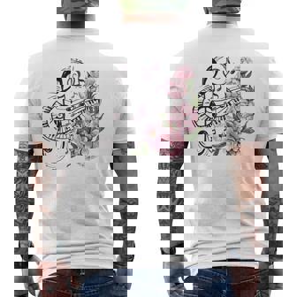 ピアノの鍵盤、音符、花 メンズTシャツ バックプリント - Kawaiitshirt