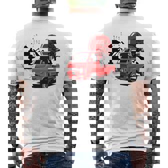 レトロな赤いミニトラックと日本の夕日。 長袖tシャツ メンズTシャツ バックプリント - Kawaiitshirt