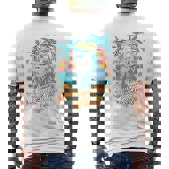 夏休み サメ ビーチ トロピカル サンセット ヤシの木 長袖tシャツ メンズTシャツ バックプリント - Kawaiitshirt