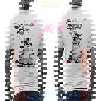 日本の墨絵マンチキン猫 桜 桜アート メンズTシャツ バックプリント - Kawaiitshirt