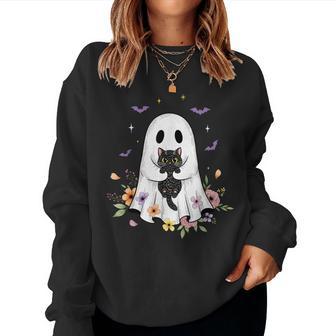 Cute Cat Ghost Flowers Spooky Halloween Vibes Women Women Sweatshirt - Thegiftio UK