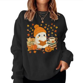 Cute Ghost Reading Book Lovers Autumn Fall Halloween Ghost Women Sweatshirt - Thegiftio UK