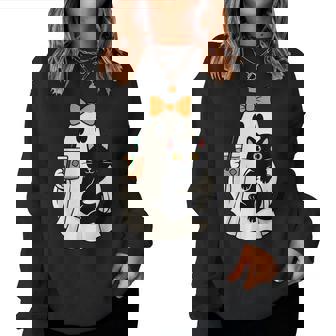 Cute Halloween Cat Ghost Drinking Coffee Ghost Girls Women Sweatshirt - Thegiftio