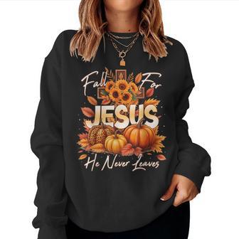 Fall For Jesus He Never Leaves Christian Faith Cross Pumpkin Women Sweatshirt - Thegiftio UK