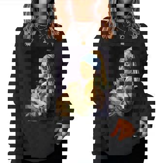 Girl With A Pearl Earring And A Cat 名画パロディ アート猫 レディーススウェットシャツ - Kawaiitshirt