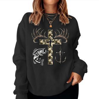 Hunting Fishing Cross Camo Faith Christian Fisherman Hunter Women Sweatshirt - Thegiftio UK