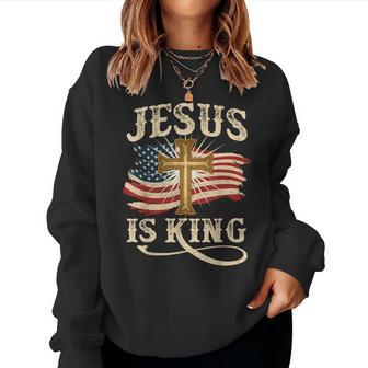 Jesus Is King Christian Cross Usa American Flag Religious Women Sweatshirt | Mazezy