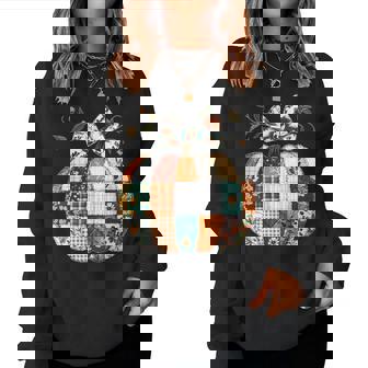 Patchwork Quilt Floral Pumpkin Coquette Bow Fall Halloween Women Sweatshirt - Monsterry