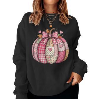Pink Patchwork Fall Pumpkin Preppy Floral Girly Pumpkin Bow Women Sweatshirt - Thegiftio UK