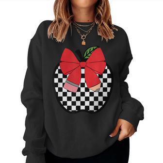 Retro Back To School Teacher Race Checkered Apple Pencil Bow Women Sweatshirt - Thegiftio UK