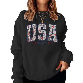 Retro Floral Usa Est 1776 Girly 4Th Of July Patriotic Women Sweatshirt - Thegiftio UK