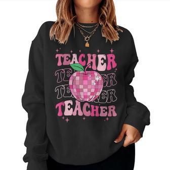 Retro Pink Disco Ball Apple Teacher Colorful Back To School Women Sweatshirt - Thegiftio UK
