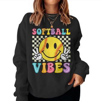 Softball Vibes Softball Retro Groovy Game Day Girls Women Women Sweatshirt - Thegiftio UK