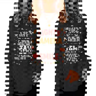 Teacher Lights Camera Teach Smile Back To School Women Sweatshirt - Seseable