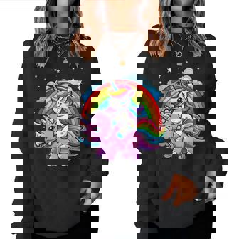 Unicorn Riding Dinosaur Triceratops Boys Girls Rainbow Women Sweatshirt - Thegiftio