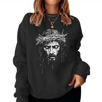 Vintage Face Of Jesus Christ Portrait With Crown Christian Women Sweatshirt - Monsterry