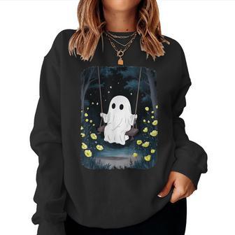 Vintage Ghost Swinging In Forest Night Halloween Floral Women Sweatshirt - Thegiftio UK